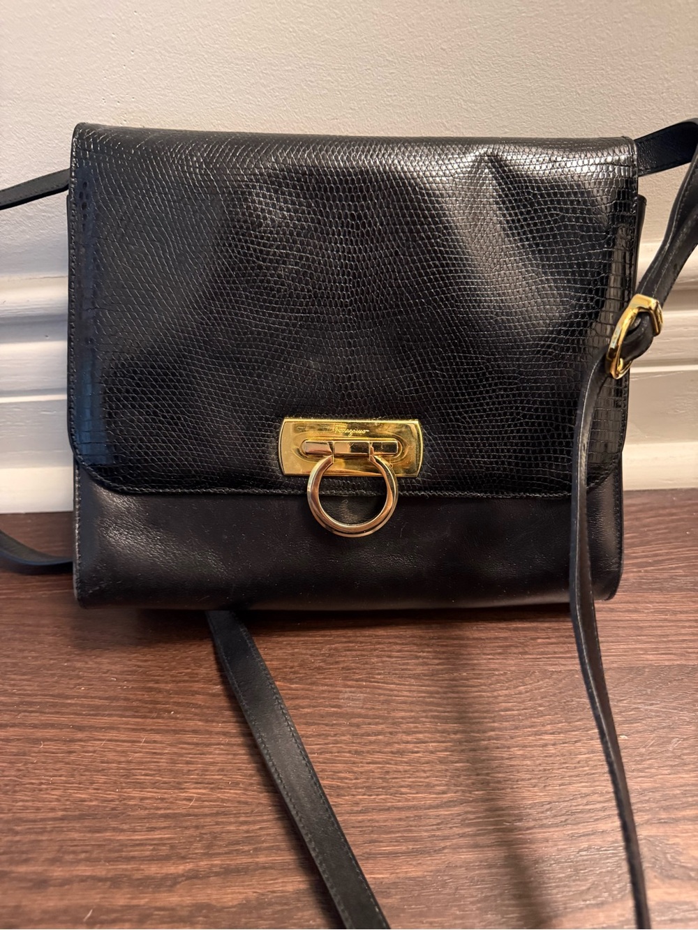 Black Leather Crossbody Bag with Gold Ring Accent Vintage